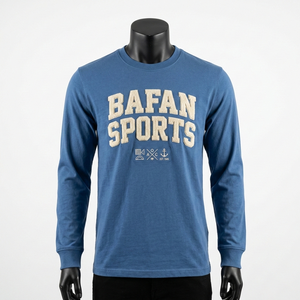 Camiseta de Manga Larga de Algodón Premium de 220 GSM Azul con Logotipo de Chenilla Bordado Personalizado - Product Image 1