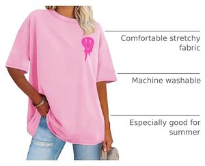 T-shirt rose surdimensionné pour femme, imprimé Smiley de dessin animé, coupe ample, manches courtes, col rond, jersey de coton, haut printemps-été - Product Image 3