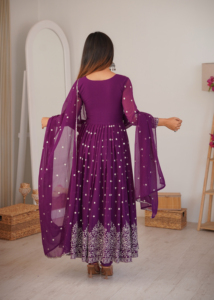 Thread Crafted Faux Georgette Anarkali Ensemble Enhanced With <b>Sequin</b> <b>Art</b> Matching Drape And Tailored Trouser Silhouette - Product Image 5