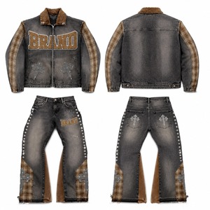 Custom Grey Denim <b>Jacket</b> And Jeans Set With <b>Rhinestone</b> Cross Print And Plaid Panel Design Tracksuit For Unisex - Product Image 1