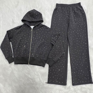 Custom Rhinestone Tracksuit Men <b>Oversized</b> Cropped Acid Wash Sweatsuits Unisex Sets Distressed Vintage <b>Sweatpants</b> and Hoodie Set - Product Image 1