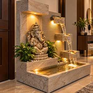 Fontaine d'eau en marbre artisanale de luxe pour l'extérieur, avec éclairage LED, 3 pieds, décoration hindoue, idole de Ganesha, cascade - Product Image 3