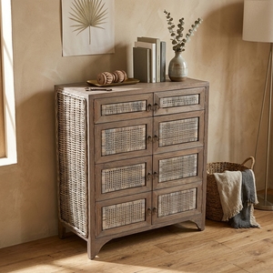 New Modern <b>Minimalist</b> Makassar Wooden Storage Cabinet Natural Rattan Webbing 8 Doors Chest Side <b>Table</b> Storage Nightstand - Product Image 5