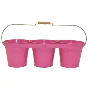 Juego de 3 Macetas Metálicas Rosadas con Asa de Madera, Recipientes Decorativos para Flores, para Decoración de Jardín Interior y Exterior - Product Image 1