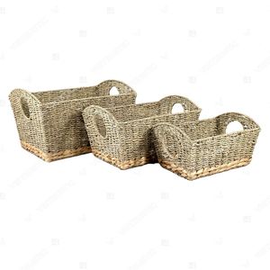 SWIRLED BELT Two-Tone <b>Rectangular</b> Seagrass & Water Hyacinth Storage <b>Basket</b> with Chunky Hyacinth Base Belt - Product Image 3