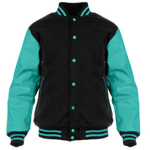 Unisex Premium Wool College Bomber <b>Jacket</b> Wholesale Varsity Letterman Hooded Front Stand Black Wool Body Sky Blue - Product Image 3