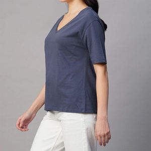 Women V-Neck T-Shirt Solid Color 100% Cotton Casual Knitted Breathable Regular Fit Short Sleeve All Seasons - Product Image 2