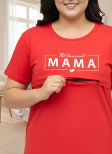 T-shirt décontracté pour femme Blessed Mama Mom Mode, en coton rouge et noir, col rond, manches courtes, coupe ample, imprimé, en jersey - Product Image 3