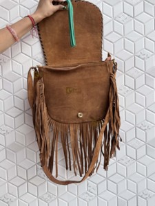 Bolso de mano para mujer, estilo occidental, cuero de vaca, flecos tallados, borde de color turquesa, bolso bandolera, bolso bohemio con flecos - Product Image 4