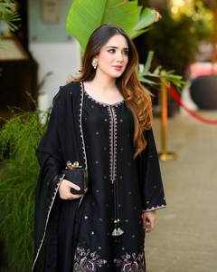 Black Embroidered Indian Pakistani Clothing Set Long Sleeve Tunica <b>Palazzo</b> <b>Pants</b> Shawl Floral Border Wear - Product Image 5