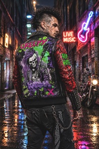 Chaqueta de Motociclista de Cuero Estilo Punk para Hombre con Estampado de Grafiti, Decoración de Remaches, Cierre de Cremallera, Cuello Camisero, para Otoño - Product Image 4