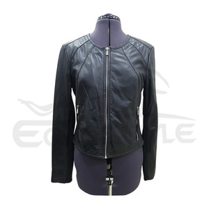 Leather Lambskin <b>Jacket</b> Solid Black Womens Collarless Moto <b>Jacket</b> <b>with</b> Front <b>Zipper</b> Side <b>Pockets</b> Custom OEM Winter Wear - Product Image 1