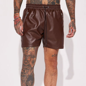 Manufacturer Custom Street Style Casual Leather <b>Short</b> <b>Patch</b> Drawstring Exposed Pockets PU Leather Cargo <b>Shorts</b> for <b>Men</b> - Product Image 1
