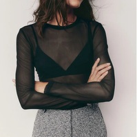 Camiseta de malla transpirable de verano para mujer, informal, con cuello simulado alto, manga larga, transparente, de rejilla, estilo camiseta de malla transparente.