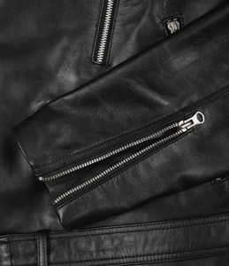Blouson en cuir noir pour homme, style motard, avec ceinture, en cuir véritable, personnalisable avec logo, OEM/ODM, vente en gros - Product Image 6