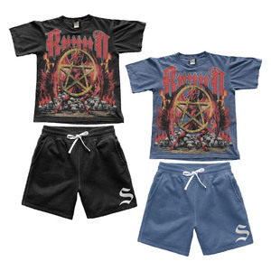 Ensemble T-shirt et short en coton lourd de qualité supérieure, noir, 240 GSM pour le T-shirt, 320 GSM pour le short, impression DTG, logo personnalisé, ensemble de 2 pièces - Product Image 3