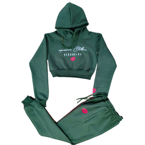 Ensemble de survêtement pour femme 65% coton 35% polyester, comprenant un sweat à capuche court en molleton et un pantalon de jogging - Product Image 1
