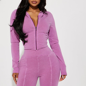 Wholesale Women's Pink Two Piece Set Long Sleeve Zipper <b>Top</b> Flared Pants Sexy Club Solid Color Knitted Cheap Price Washed Sets - Product Image 3