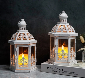 Moroccan Style Hexagon Metal Candle <b>Lantern</b> Gold Finish Star Cutouts Green Blue Embossed Glass Panels Votive <b>Tea</b> <b>Light</b> Holder - Product Image 2