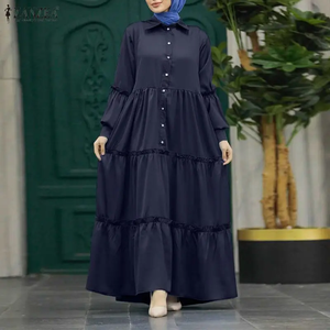 Muslim Hijabi Modest Long <b>Dress</b> Women's Turn-Down Collar Long Sleeve <b>Ruffles</b> Trim Tiered <b>Dresses</b> Islamic Abaya Robes 3XL - Product Image 2