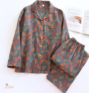 Conjunto de Pijama de Lino y Algodón para Mujer, Manga Larga, Botones al Frente, Estampado de Hojas, Ropa de Dormir Informal de Otoño, Pantalones Largos - Product Image 1