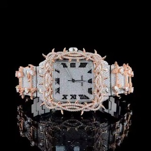 Luxury Mechanical Square Diamond Wristwatch Roman Numeral Dial Rose Gold Thorn Bezel Iced Bracelet Water Resistant for Men Women - Product Image 1