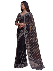 Sari élégant noir en résille avec broderie argentée, pour mariage et soirée, style Bollywood, longueur ras du sol, coupe classique pour femme - Product Image 3