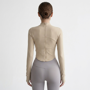 Haut de yoga à col montant, manches longues, fermeture éclair, coupe courte, anti-transpiration, confortable, pour femmes, à prix avantageux. - Product Image 2