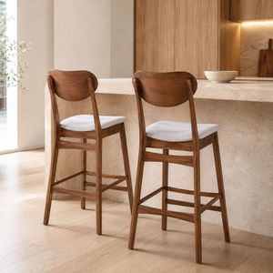 Mid-Century Modern Grey Fabric Upholstered <b>Bar</b> <b>Stools</b>, Walnut Brown Finished Wood Counter Chairs, Set of <b>2</b> for a Kitchen Island - Product Image 2