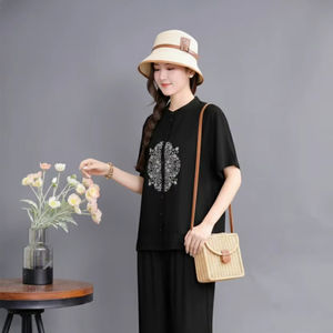 Ensemble haut brodé en coton et pantalon palazzo pour femme, col rond, manches courtes, longueur normale, tenue ethnique cousue - Product Image 1