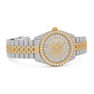 Montre de luxe unisexe avec diamants, boîtier en acier inoxydable, mouvement à quartz analogique, cristal saphir, cadran rond de 44 mm, fermoir papillon - Product Image 4