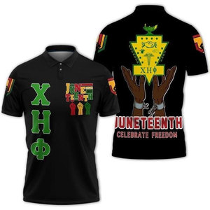 Chi Eta Phi Greek Letter Juneteenth Print <b>Polo</b> <b>Shirt</b> <b>Men</b> <b>Black</b> Collared Short Sleeve - Product Image 1