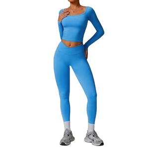 ชุดกีฬา2ชิ้นสำหรับผู้หญิงชุดออกกำลังกายเล่นโยคะชุดครอปเอวสูงเลกกิ้งเล่นฟิตเนสยิมชุดกีฬา - Product Image 6