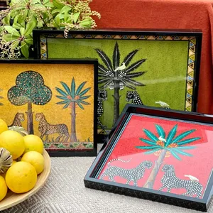 Plateau de service en laque imprimé avec un motif léopard et des arbres tropicaux, plateau rectangulaire en bois décoratif pour la décoration de la maison - Product Image 4