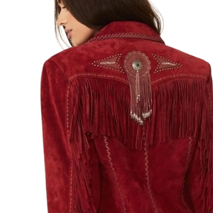 Red <b>Suede</b> Fringe <b>Leather</b> <b>Jacket</b> | Women's Western Cowboy & Boho Rodeo Studded Coat High-Volume Southwestern Apparel & Fringe Out - Product Image 3