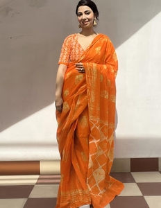 KV Women's Traditional Cotton Orange Printed Designer Saree Unstitched <b>Blouse</b> for Party Wrinkle-Free Quick Dry Reversible Autumn - Product Image 5