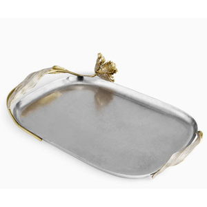 Vente d'usine : Plateau de service ovale en acier inoxydable martelé, motif feuille élégante, avec poignées dorées, pour la maison et l'hôtellerie - Product Image 2