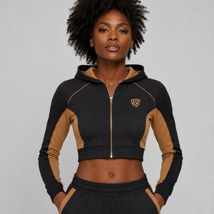 Women's Winter Solid Color <b>Long</b> <b>Sleeve</b> <b>Crop</b> Top Hoodie Front Zipper Breathable Eco-Friendly Canvas Fabric Custom Printed - Product Image 1