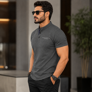 Chemise pour homme à manches courtes en polyester/coton gris, boutonnée, respirante, avec logo brodé, style décontracté chic - Product Image 4