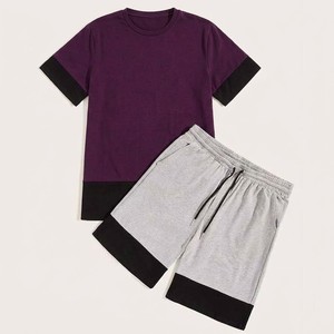 Wholesale Custom Men's Purple Gray <b>T</b> <b>Shirt</b> And Shorts Set Casual Summer Color Block Two Piece Outfit Crew Neck Lounge Sportswear - Product Image 1
