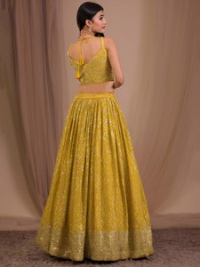 Yellow <b>Sequined</b> <b>Crop</b> <b>Top</b> And A-Line Floor-Length Skirt Bridesmaid Dress With V-Neck Spaghetti Straps - Product Image 2