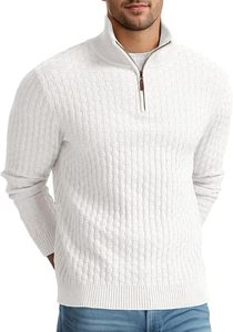 Pull en maille blanc pour homme, col montant zippé, manches longues, uni, décontracté, pour l'hiver, en acrylique anti-boulochage - Product Image 2