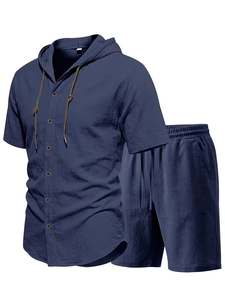 Men Solid Color Breathable Knitted Polyester/Cotton Hooded Short Sleeve Shirt Set Button-Up Top Elastic Waist Shorts Casual - Product Image 4