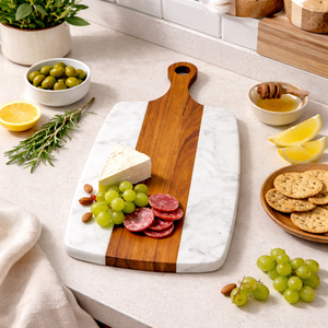 Planche à découper en bois d'acacia et marbre, écologique, durable, pour usage quotidien, service, découpe de pain, aliments, fêtes à domicile. - Product Image 4