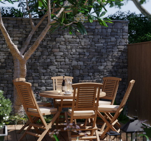 Juego de Mesa de Comedor Redonda de Madera de Teca Sólida para Exteriores con Sillas Plegables, Acabado Natural, Muebles de Jardín y Patio para Cafetería, Villa, Resort - Product Image 1