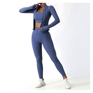 Ensemble de vêtements de sport pour femmes en 3 pièces, à carreaux, sans couture, respirant, avec veste, soutien-gorge de sport, leggings, décoration en diamant, prix bas, OEM - Product Image 3