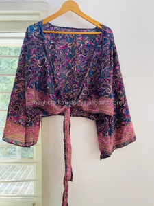 Bohemian Long Bell Sleeve Silk Tie <b>Top</b> for Women Hippie Wrap Crop <b>Top</b> Floral Print Summer Wear Front Tie <b>Top</b> for Beach Wear Bulk - Product Image 6