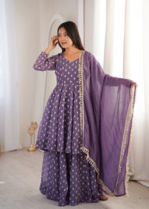 Women Ethnic Wear Heavy Crunchy Silk Jacquard Butti Kurti With Palazzo And Lace Border Dupatta Set Ready To Wear Festive Outfit - Product Image 3