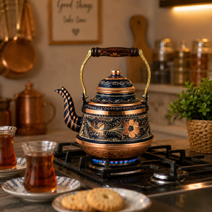 Handmade Turkish Copper <b>Tea</b> Kettle Blue Enamel <b>Tea</b> Pot Pure Copper Wooden Handle Traditional Teapot OEM Wholesale Factory - Product Image 4