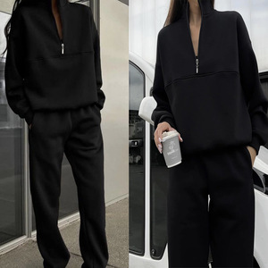 Ensemble de survêtement pour femme, couleur unie, demi-zip, manches longues, coupe ample, sweat-shirt et pantalon décontractés avec poches latérales, vêtements d'automne - Product Image 6